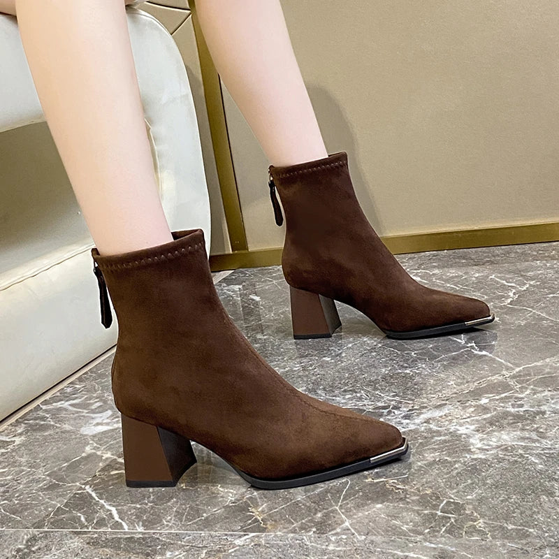 Winter Women Thick Heel Ankle Boots Fashion Pointed Toe Mordern Short Booties Street Style Party Stripper Female Shoes