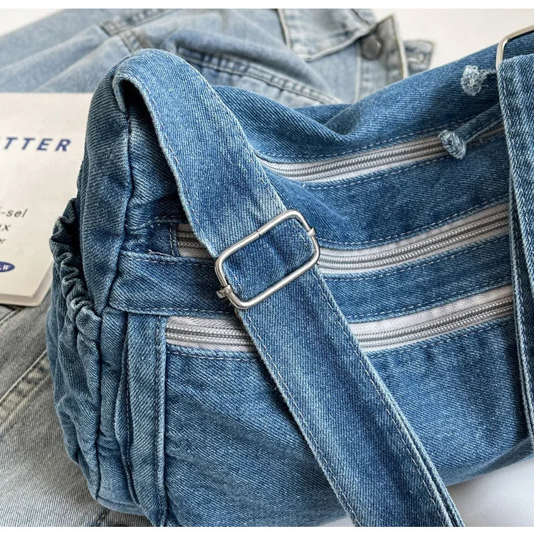 Vintage Denim Women's Shoulder Bag Large Capacity Messenger Bag Multi-pockets Satchel Bags Adjustable Strap Ladies Crossbody Bag