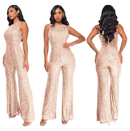 Bling Bling Sequined Club Jumpsuit Sexy Women O-neck Elegant Shiny Sliver Gold Sequins Straight Romper Overalls
