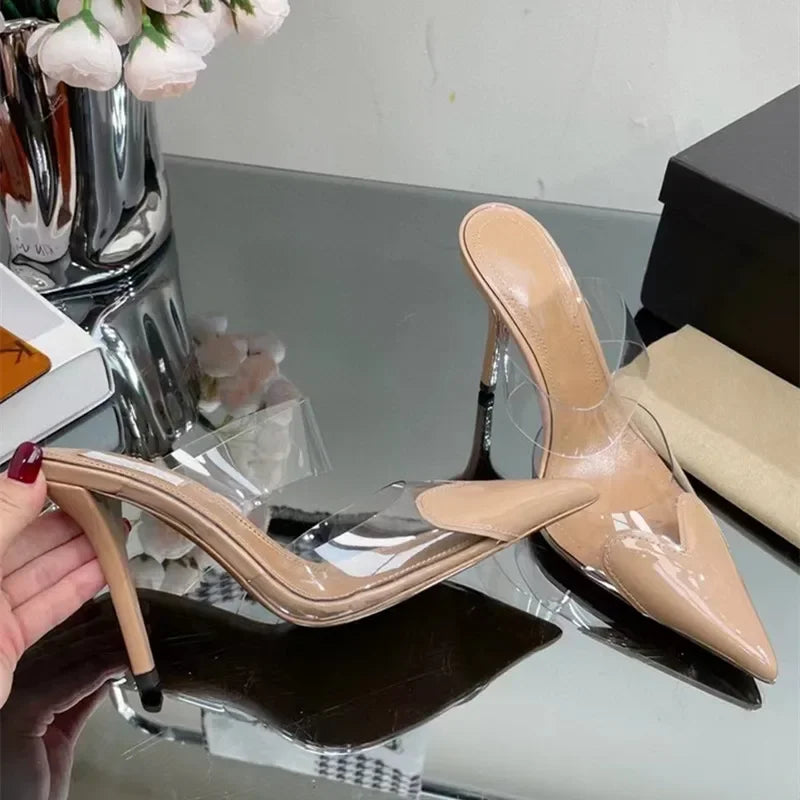 Elegant Pointed Toe Transparent PVC Heart High Heels Mules Slipper Shoes Women 2025 Black White Red Shoes Luxury Designer Pumps
