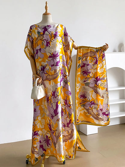 Vibrant Magnolia Floral Print Satin Abaya Scarf Set, Loose Batwing Kaftan For Muslim Women Summer Beach Holiday Wear