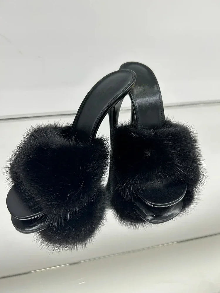 Mink fur high heels for women, slim heels, summer new style, open toe slippers, sexy fish mouth leather party sandals for women