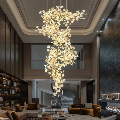 High Ceiling Ginko Leaf Chandeliers for Duplex Staircase Long Gold Leaf Pendant Hanging Chandelier for Vila Table Lobby Hotel