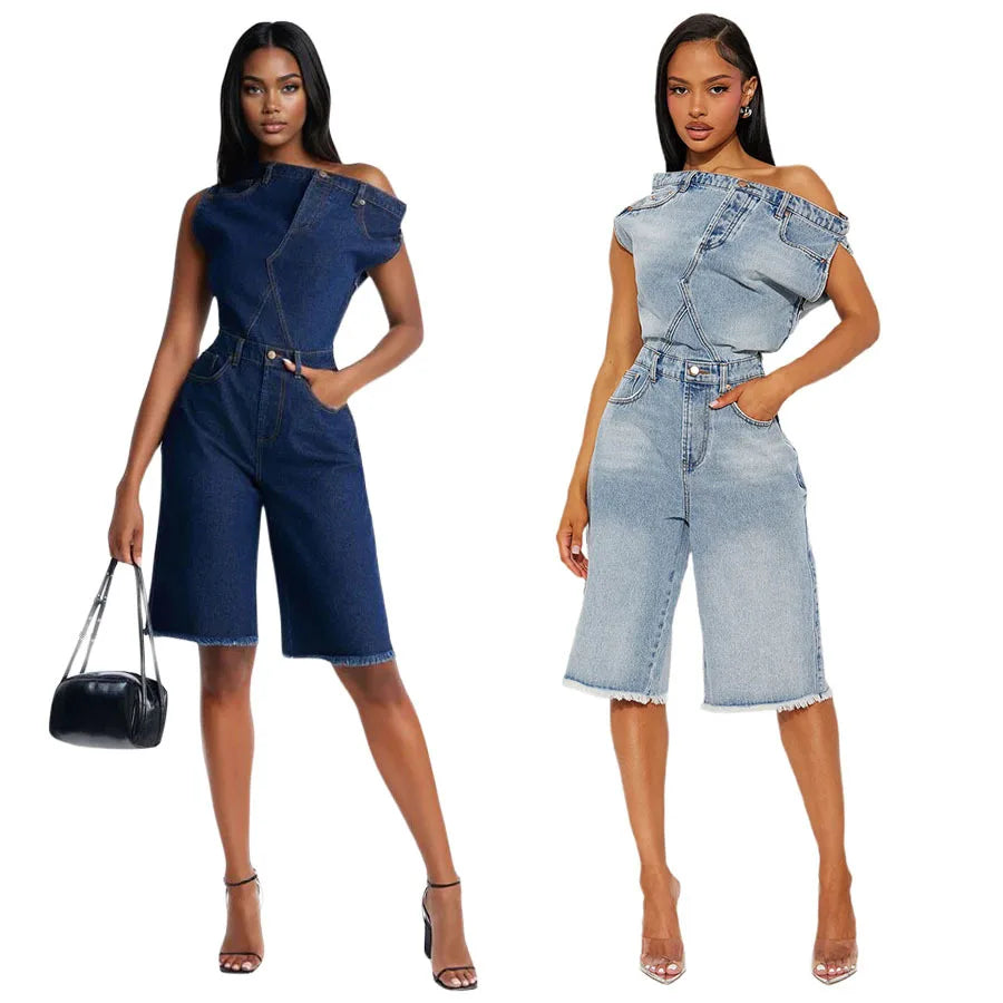 Jumpsuits Women Denim One Piece Short Sleeve Overalls Knee Length Pants Tight Waist Rompers Y2k Streetwear Slash Neck 2026