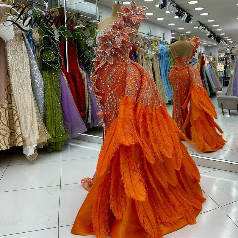 Orange Long Feathers Celebrity Dresses Mermaid Beaded Crystals Red Carpet Runway Dresses Customized Evening Gowns Vestidos 2025