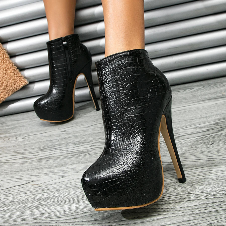 Plus Size 35-45 Sexy Crocodile Pattern Women Boots Round Toe Side Zipper Super High Heels Pumps 2025 Female Platform Party Shoes