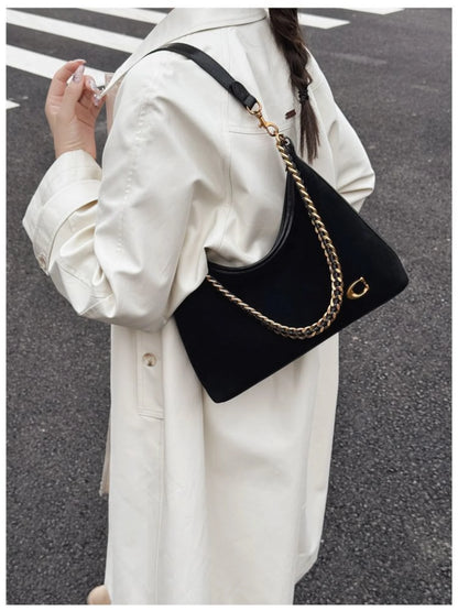 Women's New Light Luxury Fashionable High-End Black Suede Shoulder Crossbody Bag,Versatile for Commuting,Large Capacity Tote Bag