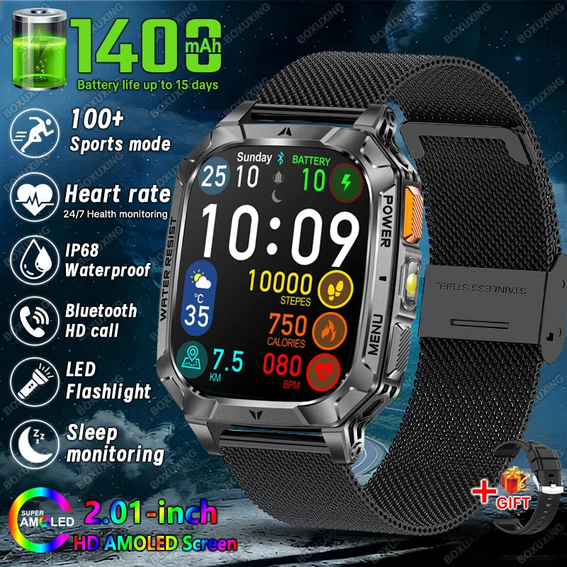 New 1400 mAh Battery Military Smartwatch Men IP68 Waterproof Flashlight Health Monitor Sports Call Smart Watch For iOS Android