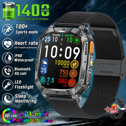 New 1400 mAh Battery Military Smartwatch Men IP68 Waterproof Flashlight Health Monitor Sports Call Smart Watch For iOS Android