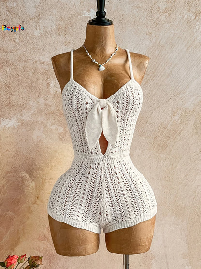 Boho White Crochet Romper for Women Front Tie Hollow Out Sleeveless Backless Knitted Playsuit Beach Holiday Outfit