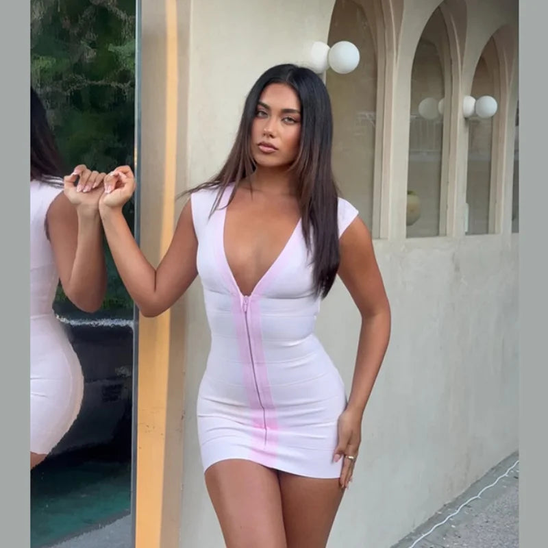 Women's Y2k Sleeveless Cap Sleeve Bandage Dress Color Block Zip Front Deep V Tight Bodycon Vestidos Summer Going Out Clubwear