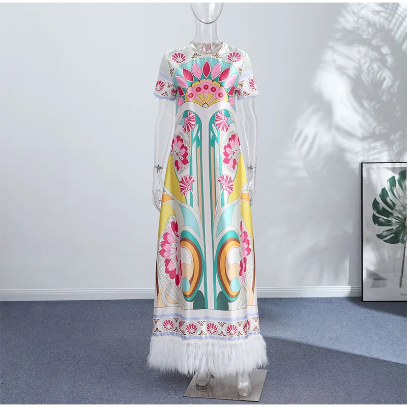 Women Art Floral Print Feather Hem Maxi Dress Short Sleeve Crew Neck Loose Fit Dresses 2026 Summer Fashion Elegant Lady Outwear