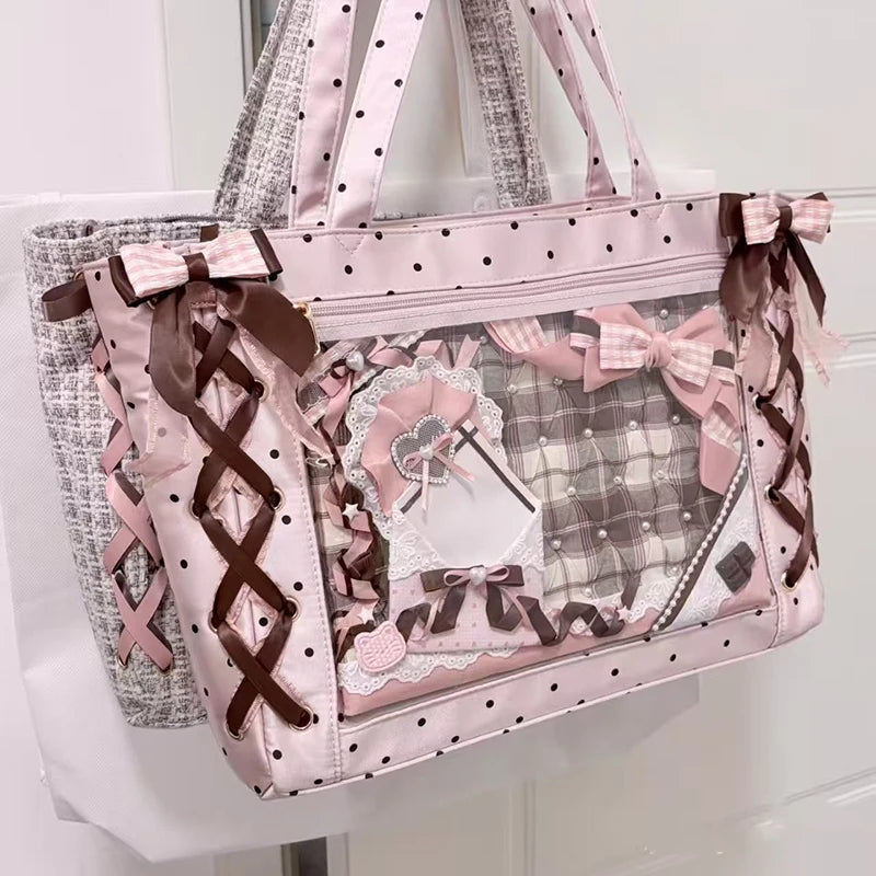 Sweet College Style Ribbon Ita Bag Women Fashion Shoulder Bags Large Capacity Tote Bag For Daily Commuting Transparent Handbag