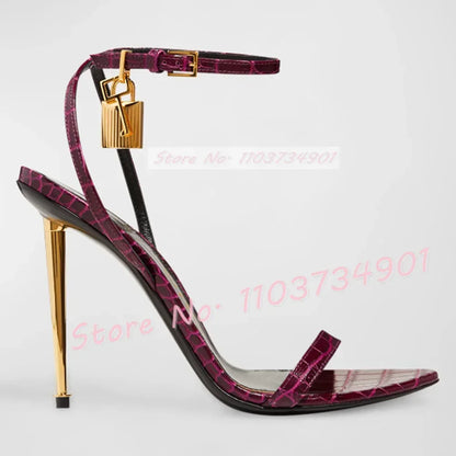 Metal Heel Lock Metallic Leather Sandals Female Luxury Open Toe Stiletto High Heels Shoes Lady Elegant Party Ankle Strap Sandals