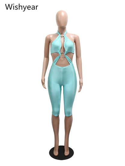 Women Turquoise Halter Neck Jumpsuit Cutout Front Sleeveless High Waist Bodycon Capri Pants Metal Ring Party Club Beach Outfit