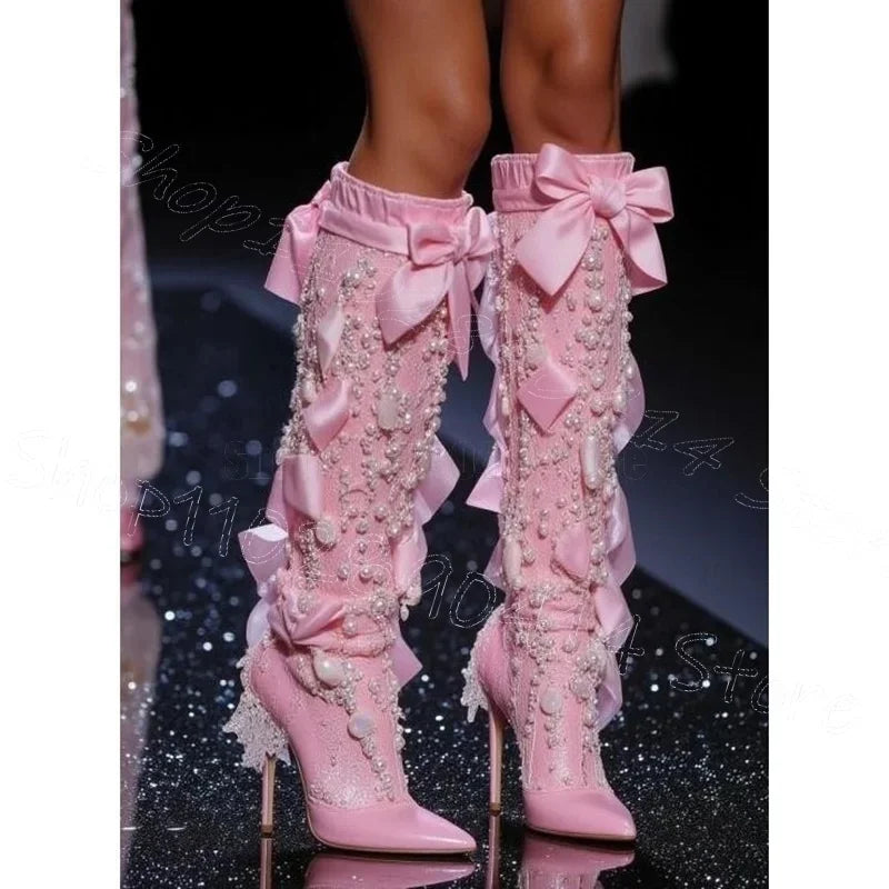 Pearl Design Pink Bow Knot Pointed Toe Boots Elastic Band Women Shoes Thin High Heels New Party Dating 2025 Zapatos Para Mujere
