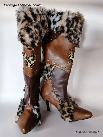 Leopard Faux Fur Studded Knee Boots Vintage Splicing Pointed Toe Thin Heels Trendy Shoes Autumn Winter Plus Size Warm Snow Boots