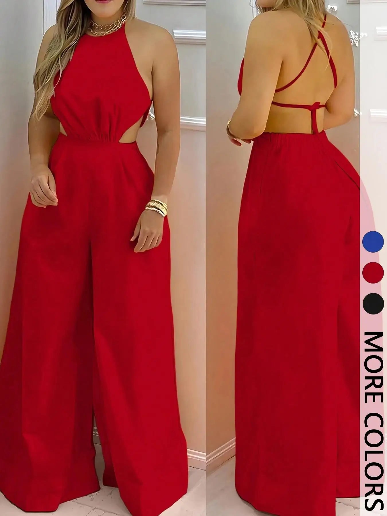 Women's One-Piece Hanging Neck Backless Hollow out Wide Leg Jumpsuit Fashionable Bridesmaid Or Special Occasion Wear