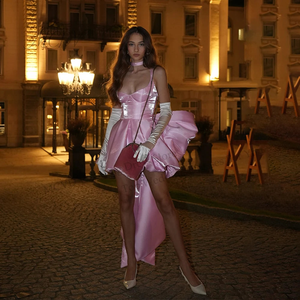 Shiny Short Pink Prom Dress Bow Back Spaghetti Strap Mini Party Dresses A-Line Satin Birthday Dress For Woman 2026 Customized