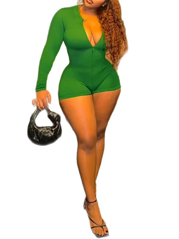 Summer Sexy Playsuit Ladies Skinny Solid Fashion Long Sleeves Slim Green Jumpsuit Shorts Woman Plus Size Zipped Jumpsuit