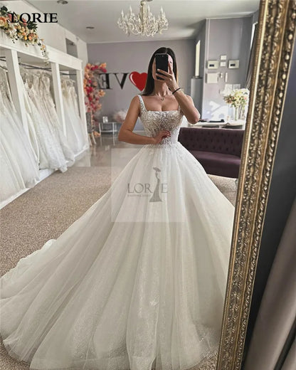 LORIE Luxury Lace Wedding Dresses A Line Square Neck Sleeveless Shiny Glitter Tulle Bride Dress Wedding Gowns Customize 2024
