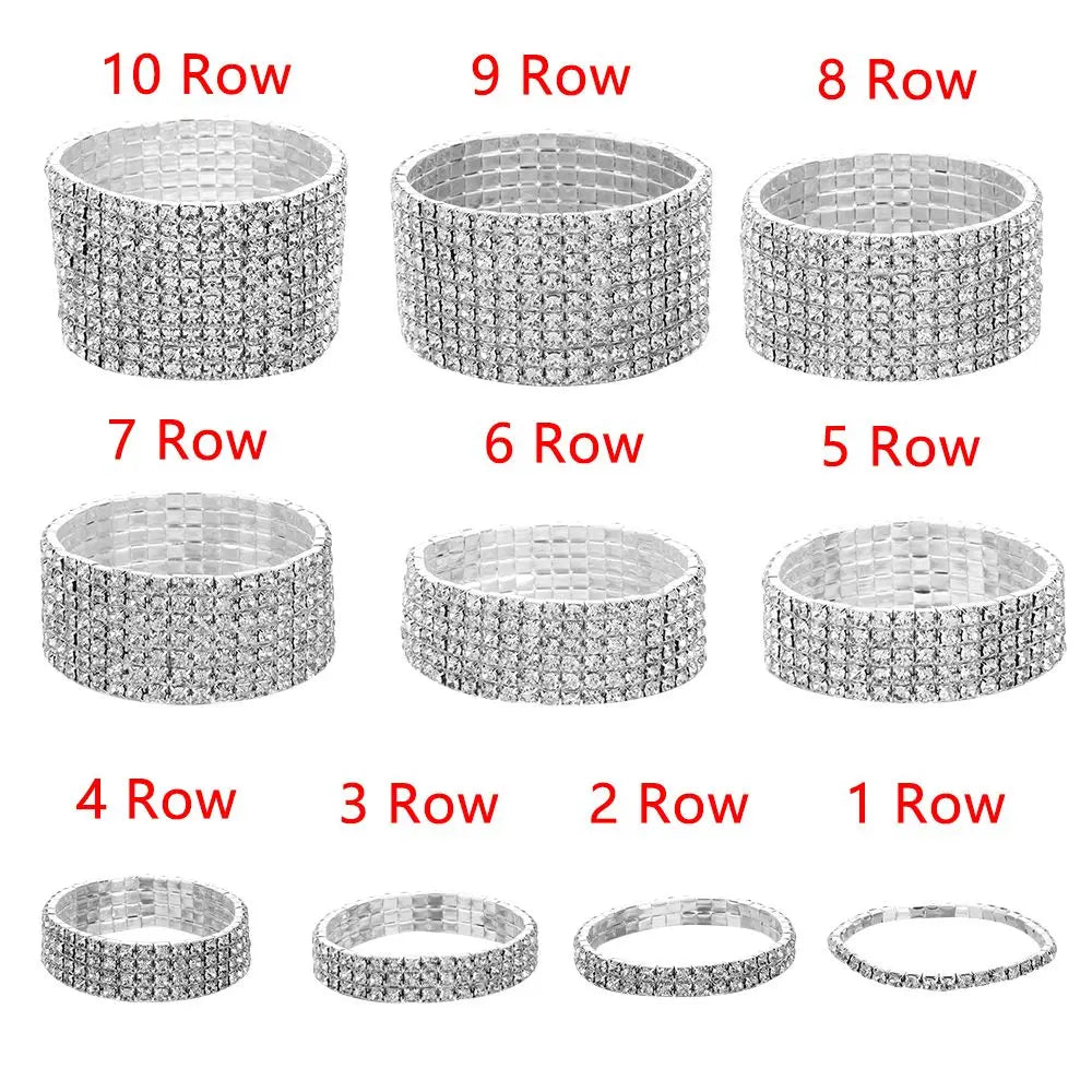 1-10 Rows Fashion Jewelry Bridal Wristband Crystal Rhinestone Elastic Bangle Stretch Bracelet Wedding Bridal Jewelry