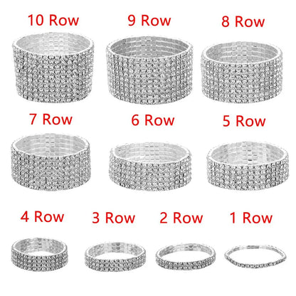 1-10 Rows Fashion Jewelry Bridal Wristband Crystal Rhinestone Elastic Bangle Stretch Bracelet Wedding Bridal Jewelry