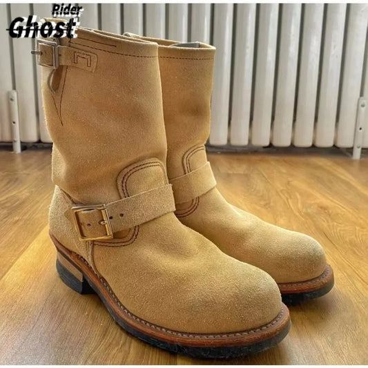 Handmade Vintage Velvet Khaki Work Boots Men's American Style Mid-Calf Retro Thick Bottom Belt Buckle Motobike Leather Boots