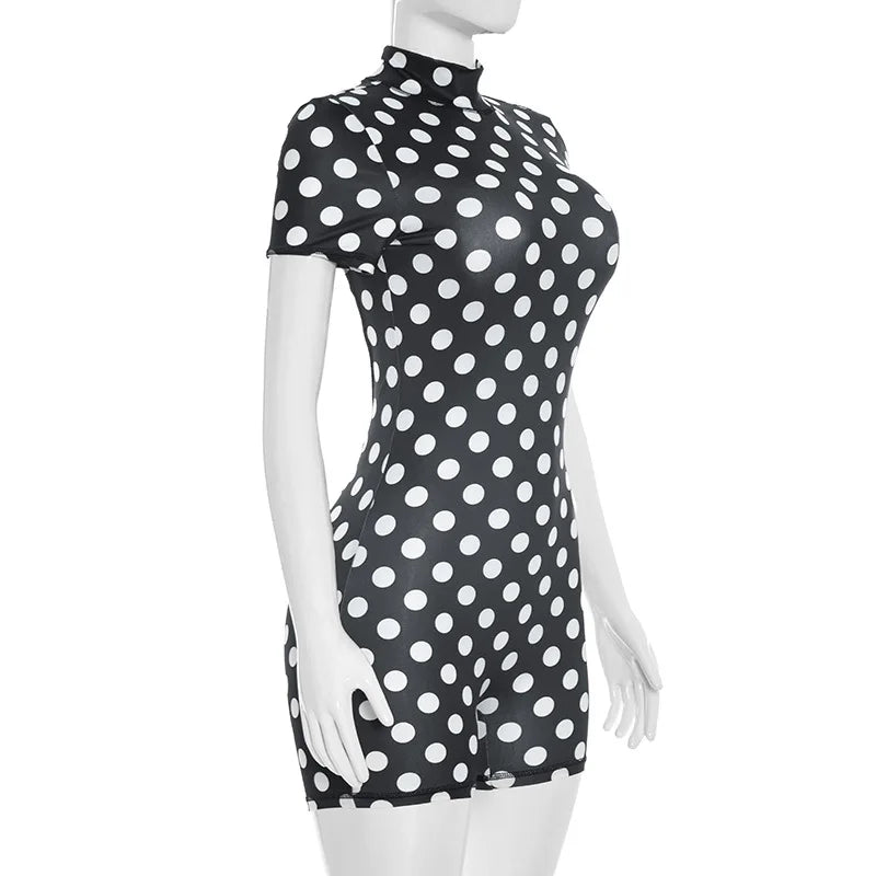 FAGADOER Retro Big Polka Dot Bodycon Rompers Women Short-sleeve Back Hollow Out Ruched Jumpsuits Streetwear Party Club Playsuits