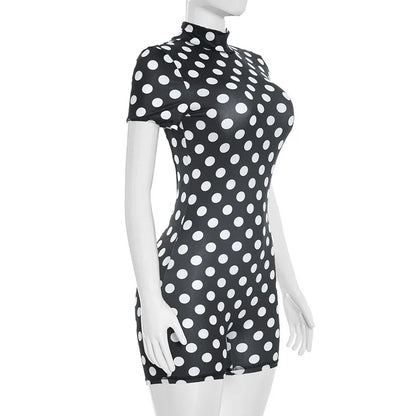 FAGADOER Retro Big Polka Dot Bodycon Rompers Women Short-sleeve Back Hollow Out Ruched Jumpsuits Streetwear Party Club Playsuits