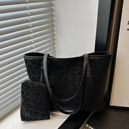Vintage Leopard Print Women Tote Bag PU Leather Large Capacity Underarm Bag with Mini Bag Briefcase Bags