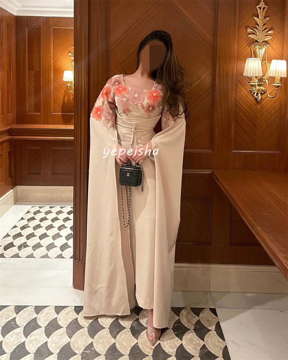 Customized Intricate Matching Jersey Sash Flower Beading Pleat Straight Square Neck Midi Dresses Bespoke Occasion Dresses Retro