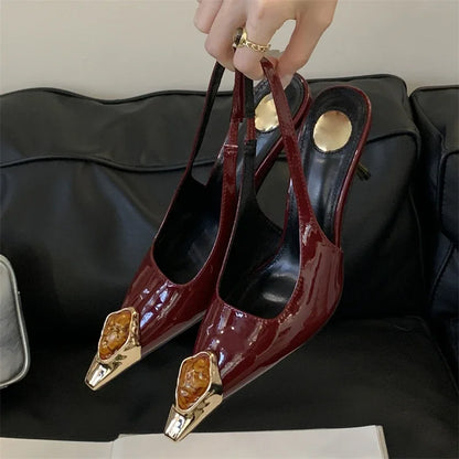 Aneikeh Street Style Design Metal Square Head Diamonds Woman Pumps Sandals Elegant Sexy Low-heel Banquet Prom Slingbacks Shoes