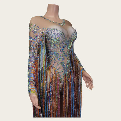 Fashion Rhinestone Tassel Rompers Women One Piece Jumpsuits Sexy Women Party Prom Stage Performance Dance Leotard Club Bodysuits