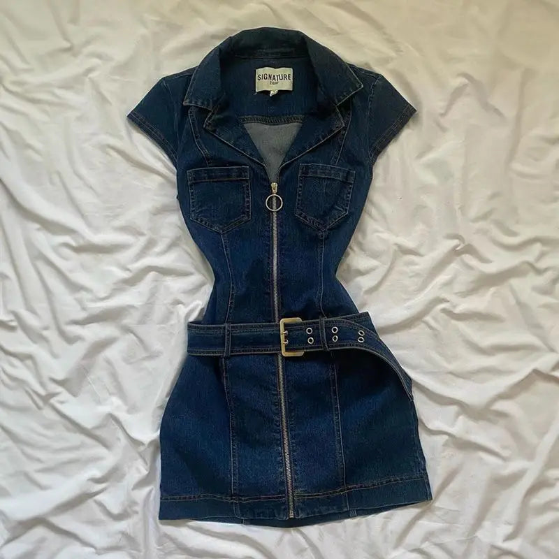 American Retro Black Denim Short Dress Women Summer Zipper Elegant Slim One Piece Dress Korean Fashion Design Casual Clothing