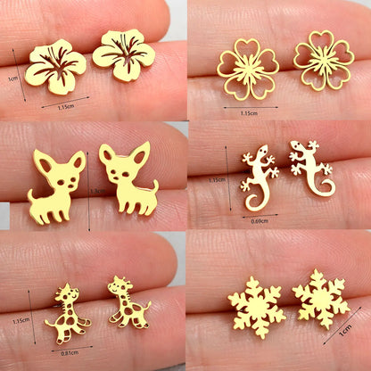 Minimalist Stainless Steel Earings Mini Heart Star Geometric Stud Earrings For Women Cute Cat Dog Flower Leaf Earrings Jewelry
