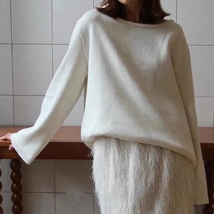 Casual Knitted Sweater Round Neck Open Back Long Sleeves Loose Pullover 2026 Autumn Fashion Daily Versatile Cardigan Top Outfit
