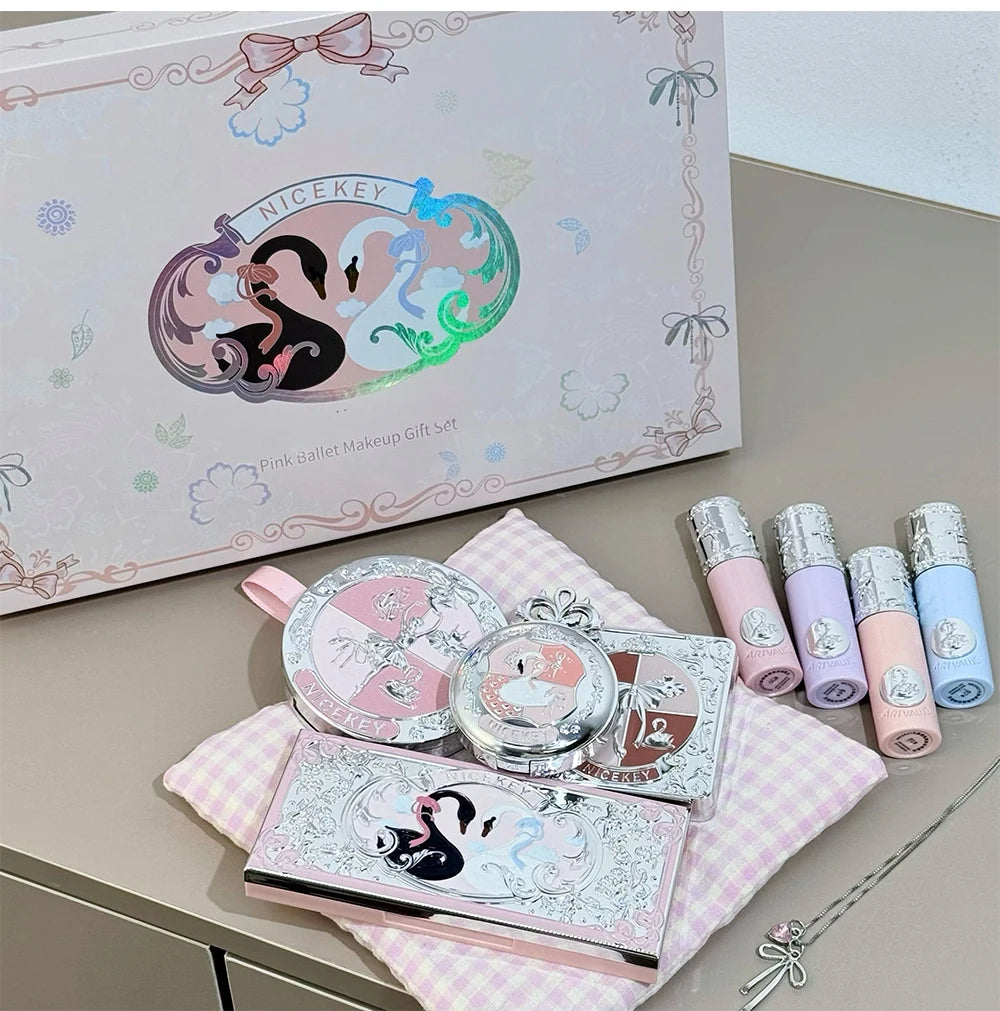 NICEKEY Makeup Kit Include 4 Matte Lipgloss,1 Face Blusher,1 Pressed Powder,1 Eyesshadow Palette,1 Contour Palette With Necklace
