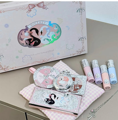 NICEKEY Makeup Kit Include 4 Matte Lipgloss,1 Face Blusher,1 Pressed Powder,1 Eyesshadow Palette,1 Contour Palette With Necklace