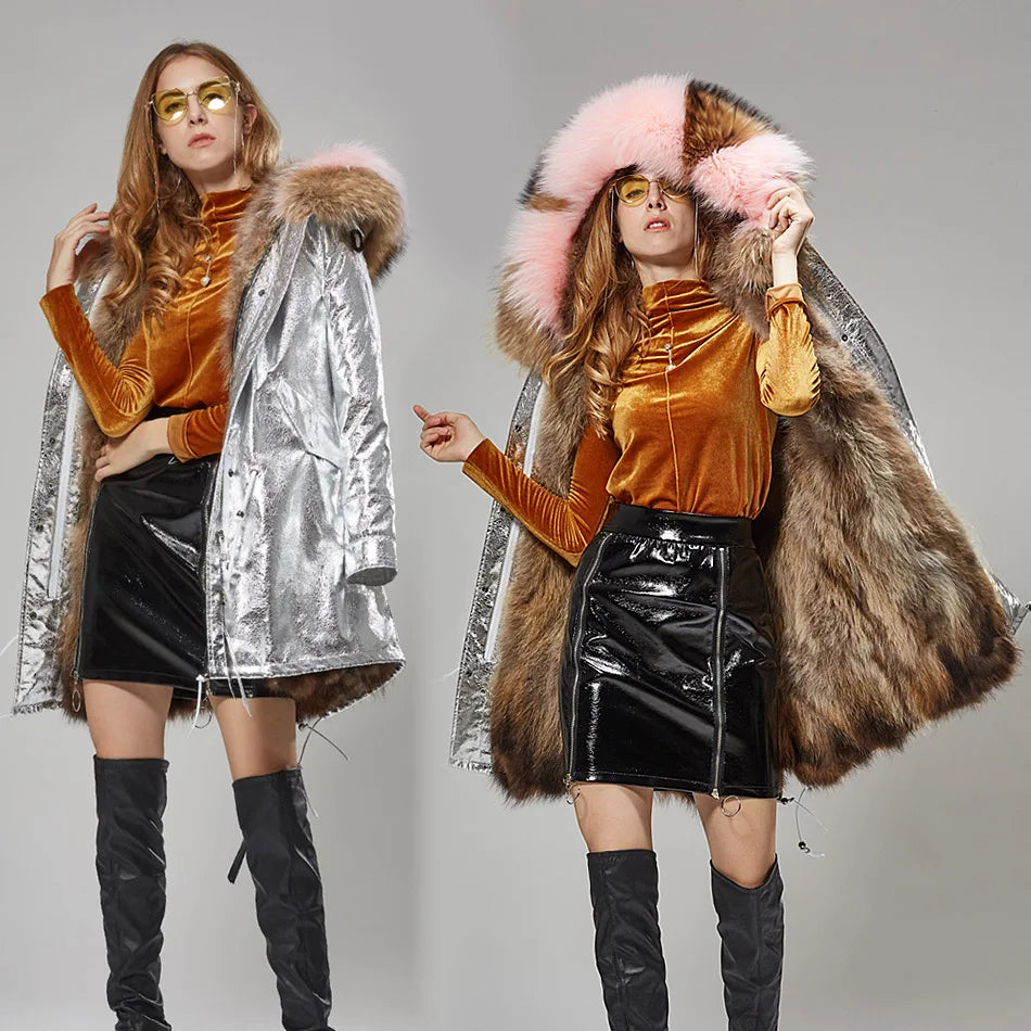 Maomaokong 2026 New Natural Fur Lining Real Fur Coat Winter Jacket Women Raccoon Fur Collar Warm Thick Parkas Female Clothing