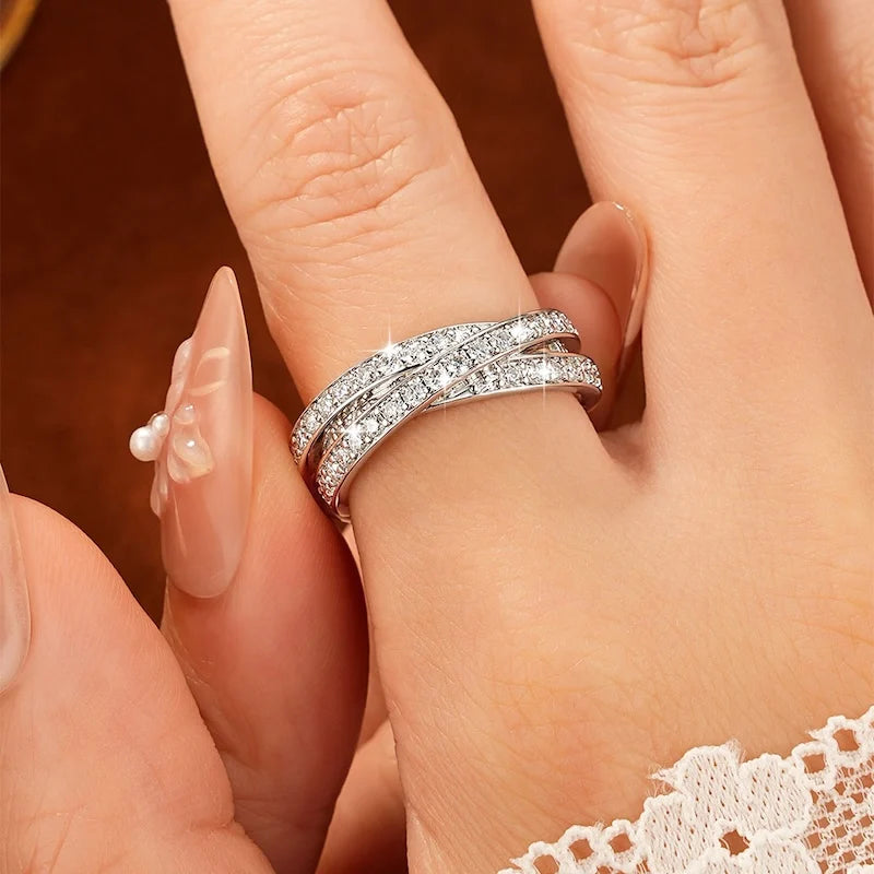 Rrjzz Light Luxury Full Moissanite Eternal Ring for Women Three-layer Cross D-Color Lab Imitation Diamond Birthday Jewelry Gifts