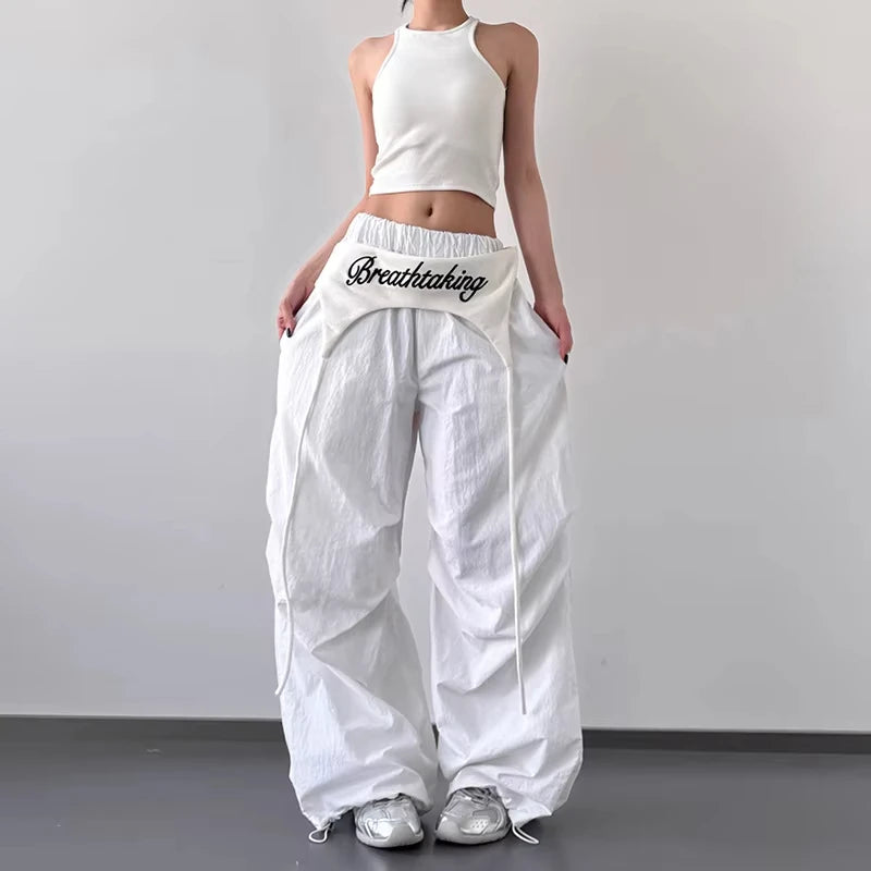 Women Y2K Wide Leg Cargo Pants 2026 Spring Cross-layer Straps Casual Hip Hop Dance Streetwear Trousers Baggy Vintage Fashion