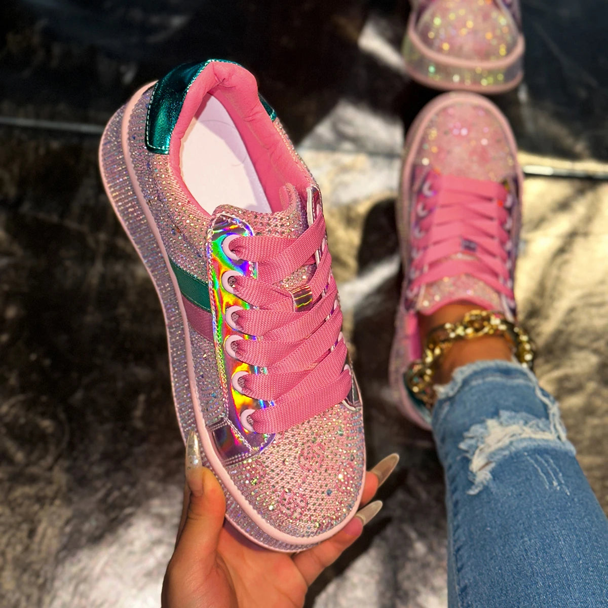 Women's Designer Shoes Women's Luxury Platform Sneakers Crystal Water Diamond Fashion Lace Up Casual Shoes Zapatillas De Deporte