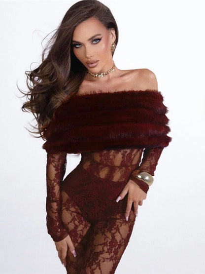 Sisterlinda Sexy Furry Patchwork Jumpsuits Women Coquette See Through Jacquard Slash Neck Full Sleeve Skinny Chic Party Clubwear