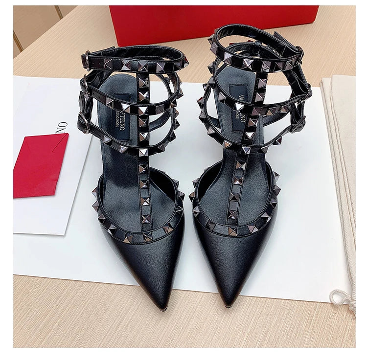 Women's Gladiator Sandals Summer 2026 Rivet High-heeled Three Straps Real Leather Ankle Luxury Brand Designer Pumps Ladies Shoes