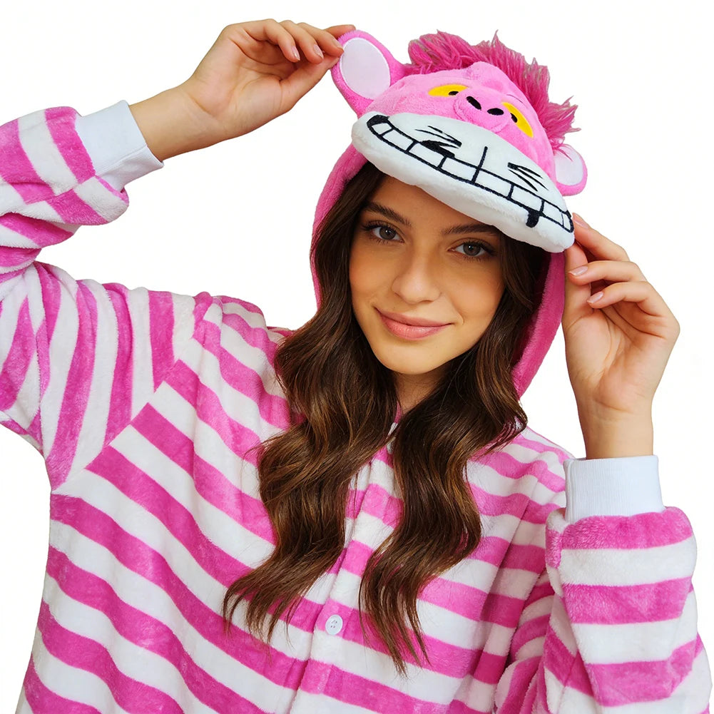 Cheshire Cat Cartoon One-Piece Pajamas Flannel Men and Women  Home Wear Autumn and Winter Home Clothing for Autumn and Winter