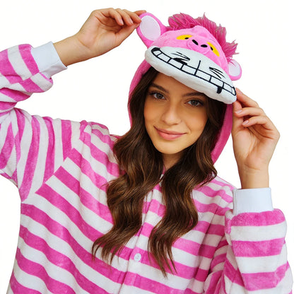 Cheshire Cat Cartoon One-Piece Pajamas Flannel Men and Women  Home Wear Autumn and Winter Home Clothing for Autumn and Winter