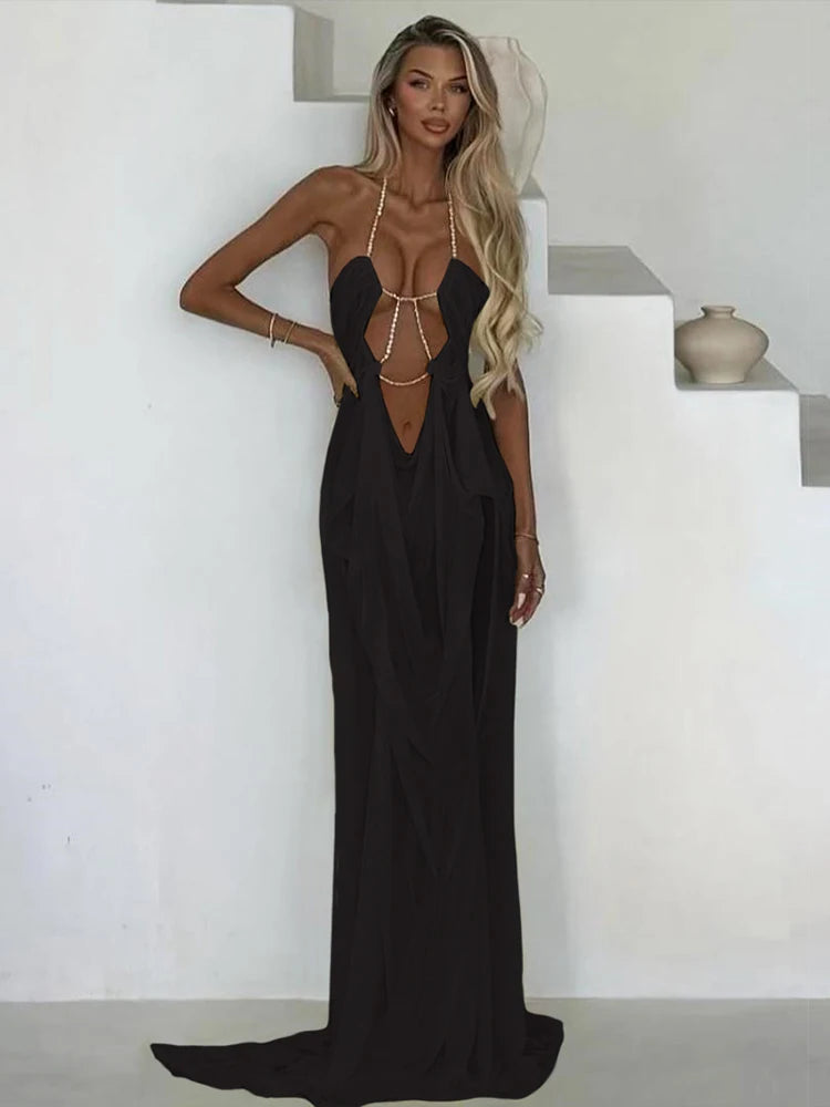 Nibber Prom Party Gown Dress Woman Sexy See Through Luxury Chain Halter Low-Neck Backless Sleeveless Midnight Elegant Vestidos