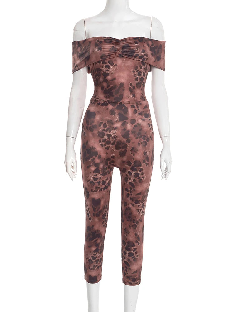 Weird Puss Leopard Print Jumpsuit Women Slash Neck Ruched Patchwork Elegant Sexy Stretch Activity Clubwear Stretch Slim Overalls