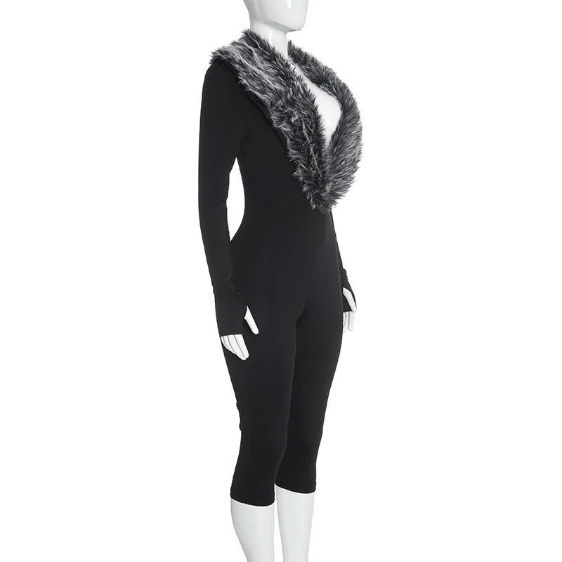 FAGADOER Women Bodycon One Piece Jumpsuit Faux Fur Patchwork Trim Deep V Long Sleeve Stretch Slim Fit Sexy Streetwear Outfit New